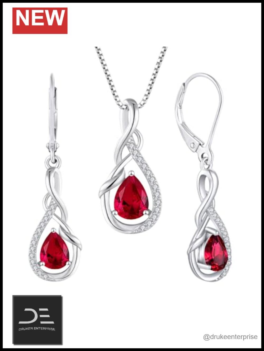 925 Sterling Silver Infinity Necklace and Earring Set with Created Ruby